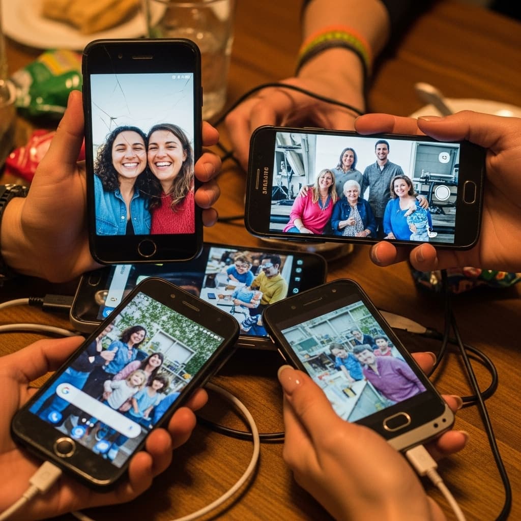Illustration of family gathering photos scattered across different phones