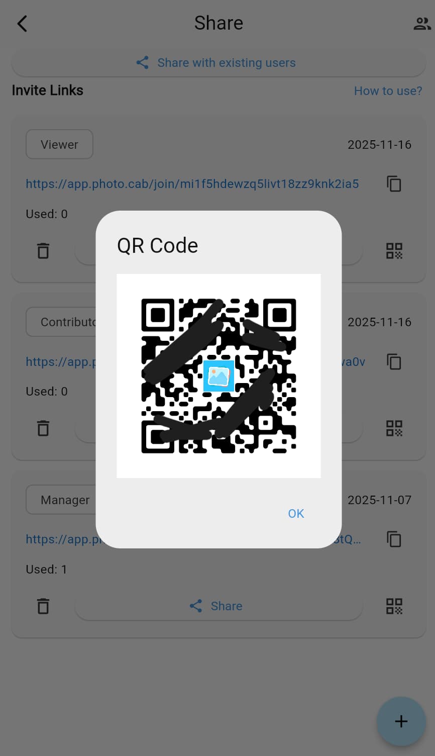 Invitation link and QR code